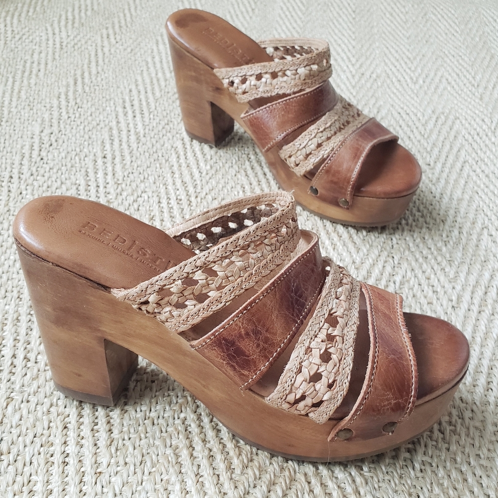 Bed Stu Brown Leather and Beige Woven Platform Sandals